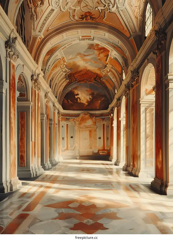 Sunlit Interior of a Grand Hall with Columns and Fresco