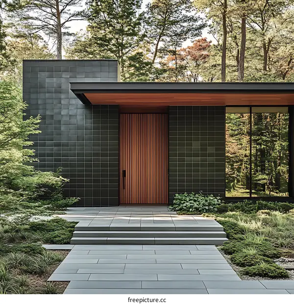 Modern House Entrance with Stone Steps and Dark Tiles
