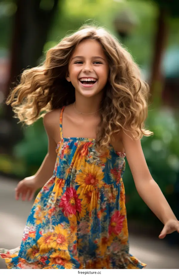 Portrait of a smiling girl with long blond hair wearing a floral dress