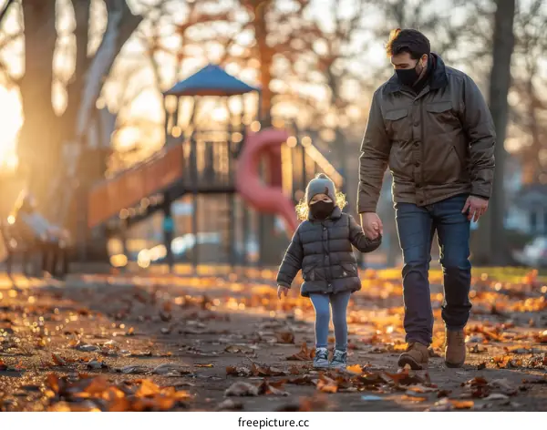 Father and daughter wearing protective face masks walking in the park during coronavirus pandemic