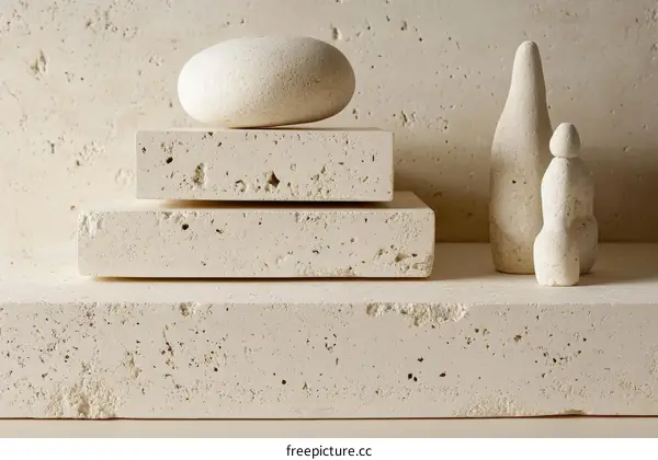 Beige Stone Art Display with Abstract Sculptures