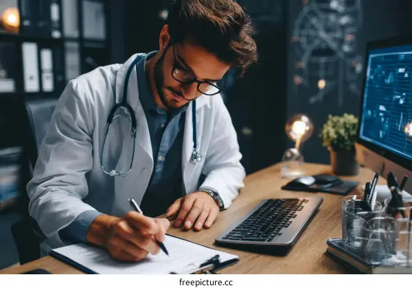 Focused Doctor Taking Notes in Office Setting