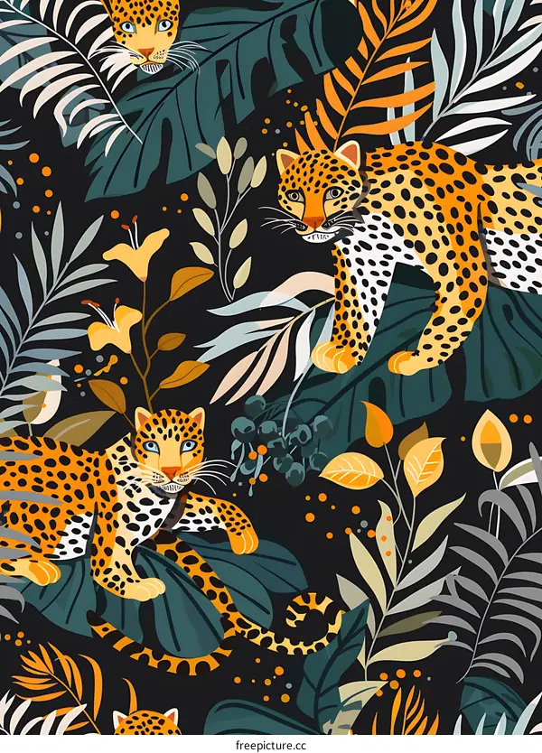 Tropical Jungle Seamless Pattern with Leopard