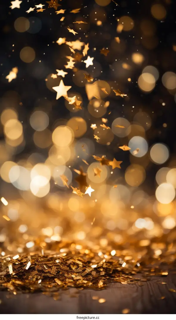 Golden stars falling on a dark background with a blurred golden bokeh