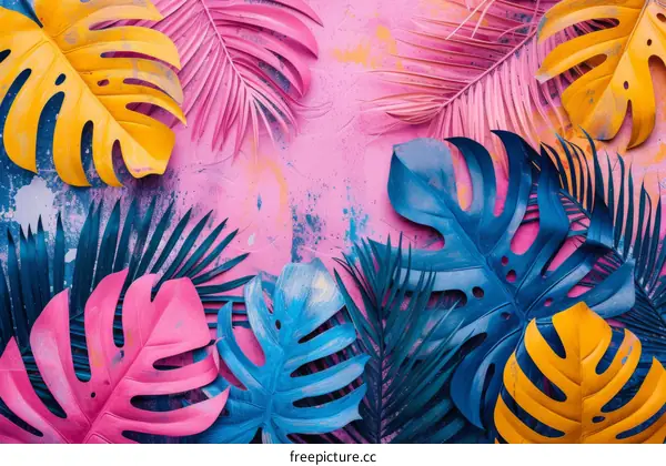 Colorful painted tropical leaves on pink background