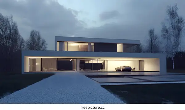 Modern House Exterior With Car In Garage