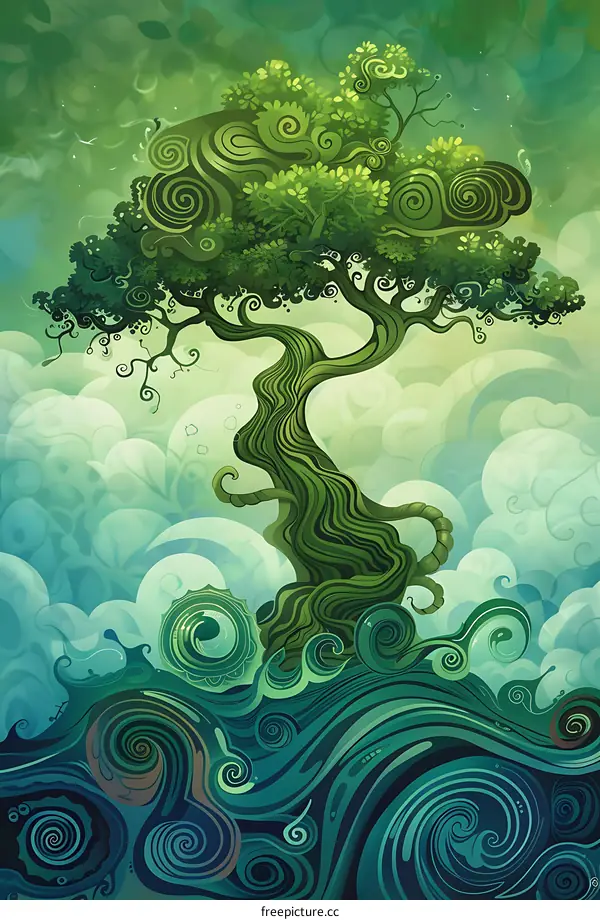 Green Tree With Spirals Growing From The Clouds