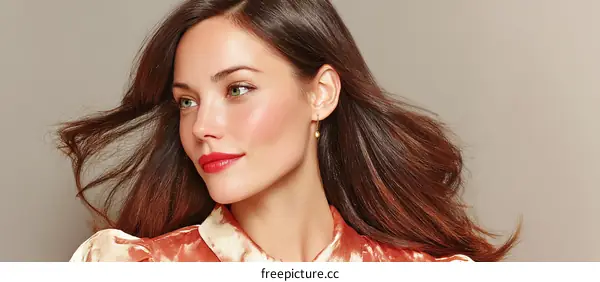 Portrait of a woman with long brown hair and red lipstick