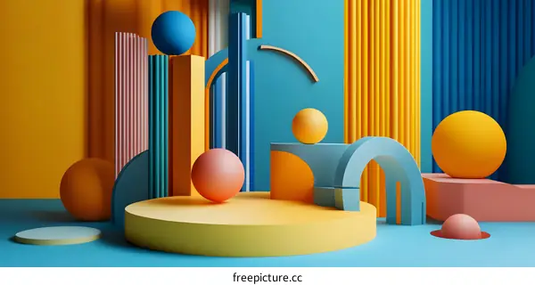 Abstract 3D Geometric Shapes Background With Colorful Cylinders Spheres and Arcs