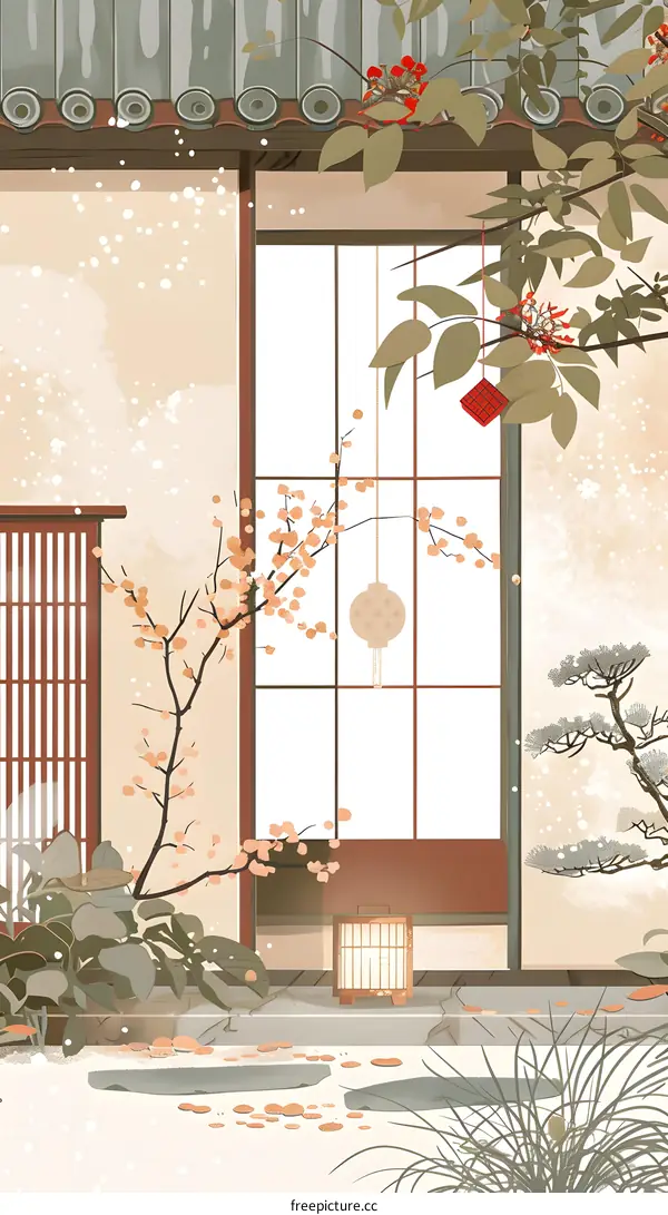 Japanese Style Garden Illustration with Window and Snow
