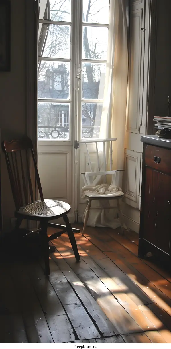 Sunlight Shining Through Window on Wooden Floor with Two Chairs