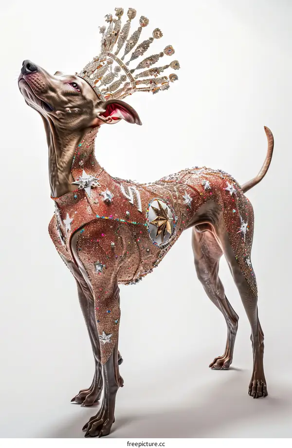 A Xoloitzcuintli dog wearing a crown and a sequined bodysuit