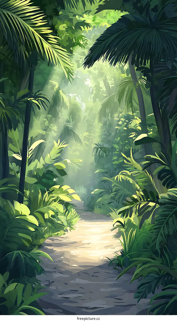 Tropical Jungle Path Sunlight Green Leaves