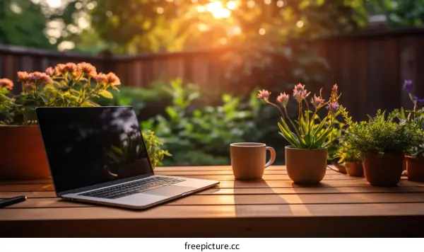 Sunset Serenity: Laptop, Coffee, and Flowers on a Wooden Table