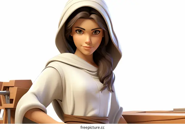 A young woman in a white robe and brown belt with long brown hair and brown eyes