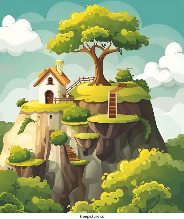 Cartoon Illustration of a House on a Cliff with a Tree and Stairs