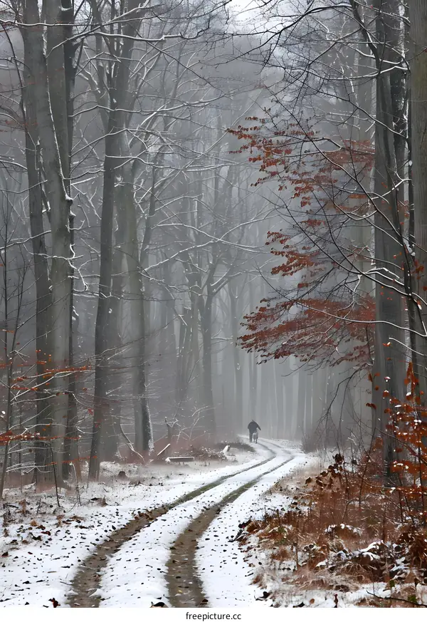 Snowy Forest Path with a Person Walking