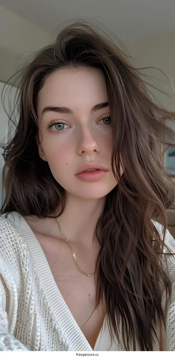 portrait of a young woman with freckles and green eyes