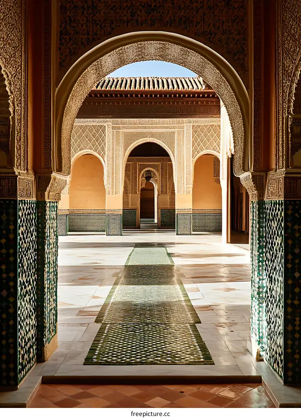 Moorish Architecture in a Courtyard with Arches and Intricate Tilework