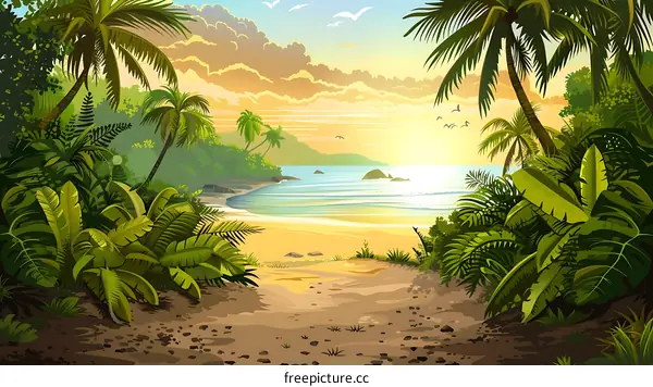 Tropical Beach Sunset Illustration