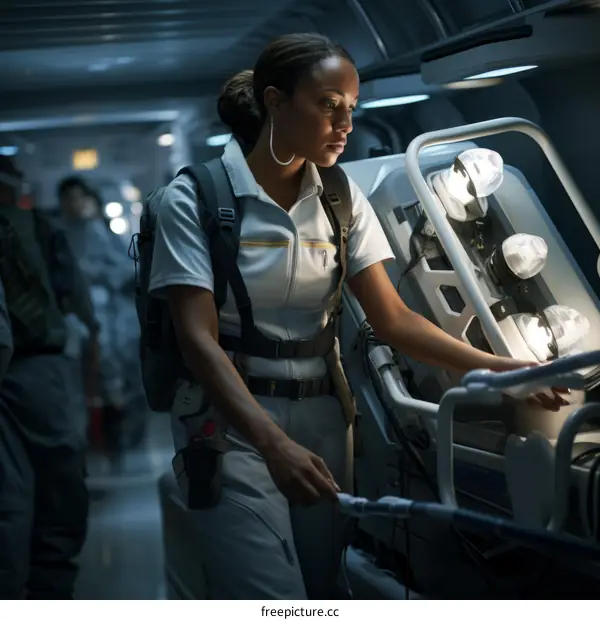 A young black female doctor is checking a patient in a spaceship.