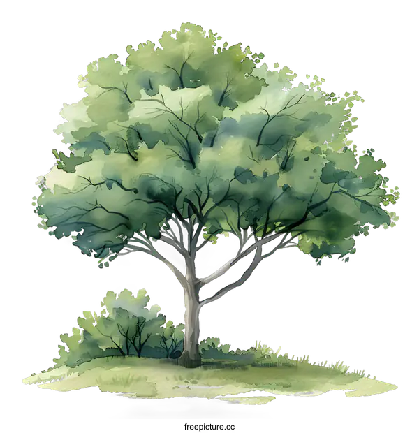 [Transparent Background PNG]Watercolor painting of a green tree