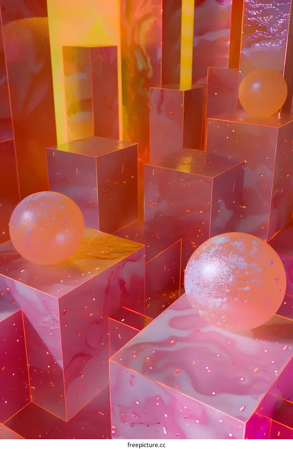 Abstract  Geometric  Background  With  Glossy  Pink  Cubes  And  Spheres