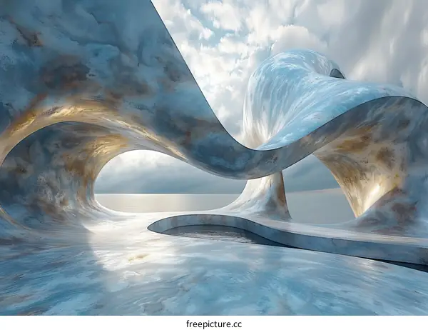 Surreal Blue Sea Landscape with Abstract Buildings