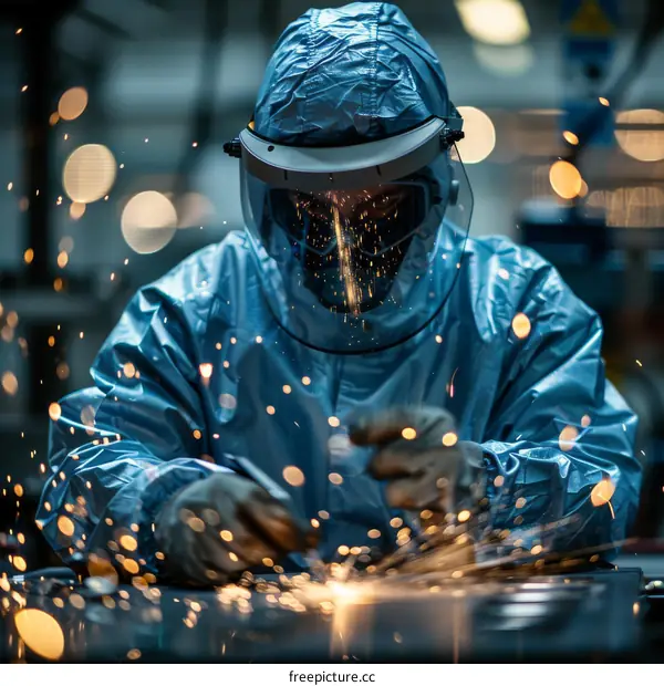welder wearing protective gear working in factory