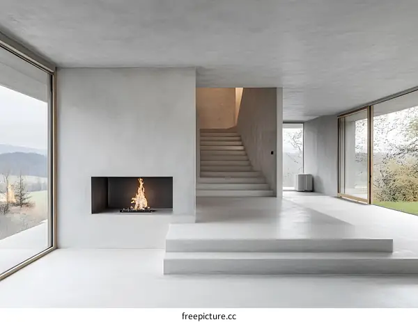 Modern Minimalist Living Room with Fireplace and Stairs