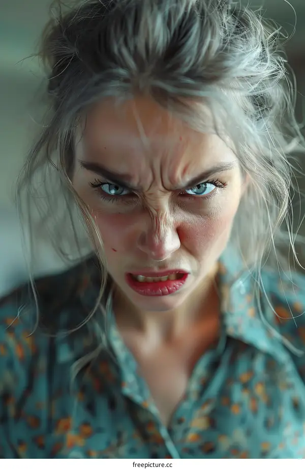 Close Up Portrait of a Young Woman with Blonde Hair, Wearing a Teal Shirt and Looking Angry