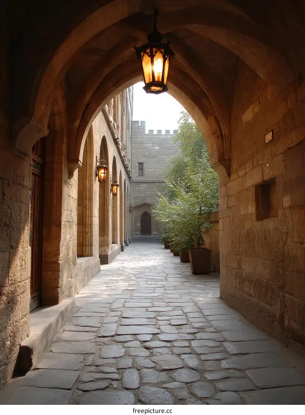 Ancient Stone Alleyway with Archways and Lanterns