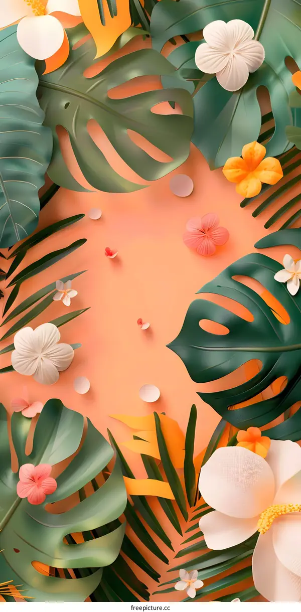 Tropical Leaves and Flowers on a Coral Background