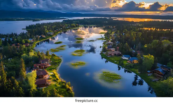 Aerial View of Lakeside Homes at Sunset