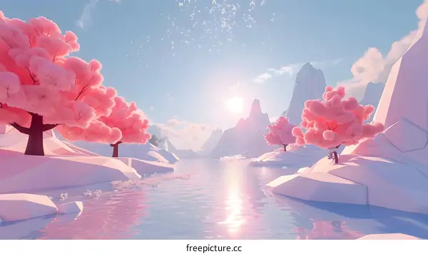 pink trees and mountains by the water