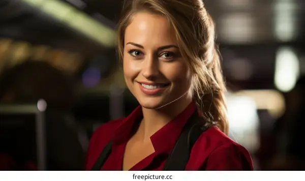Portrait of a Smiling Blonde Woman in a Red Shirt