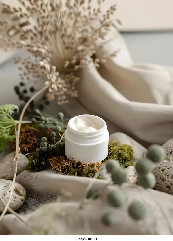 White Cream Jar on Natural Background with Moss and Stones