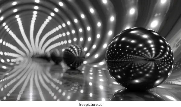 Black and white image of spheres in a reflective environment