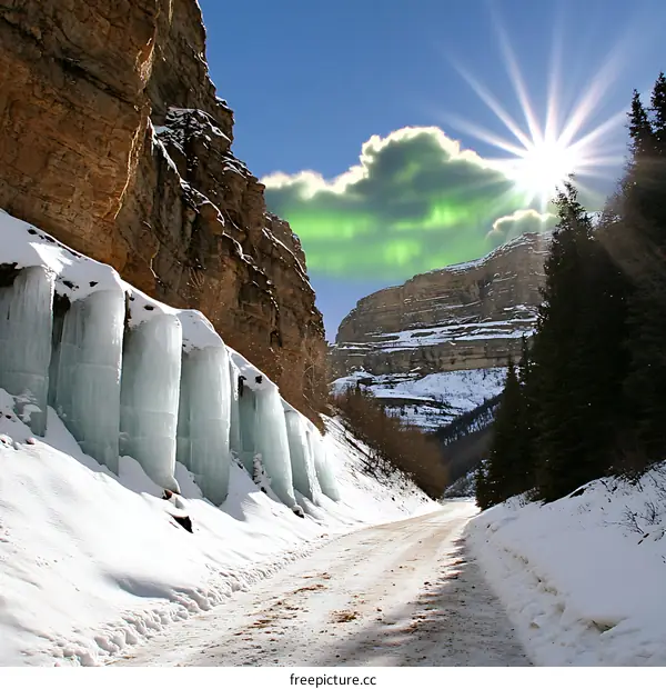 Snowy Mountain Road with Frozen Waterfall and Green Sky