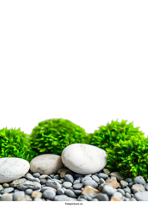 [Transparent Background PNG]White Stones and Green Moss on Grey Gravel