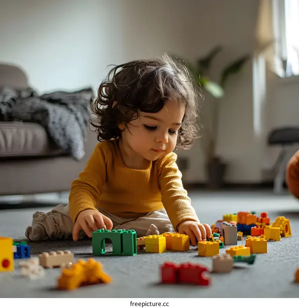 Toddler Playing with Colorful Blocks on a Gray Carpet
