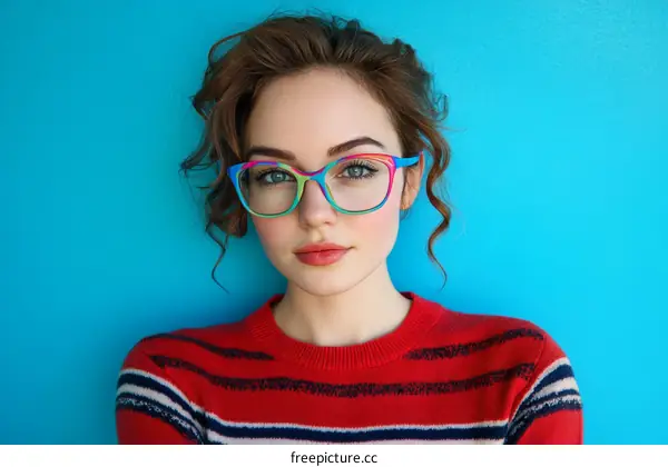 Stylish Woman with Colorful Glasses against a Vivid Blue Background
