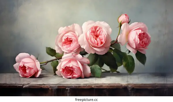 Pink roses on a wooden table