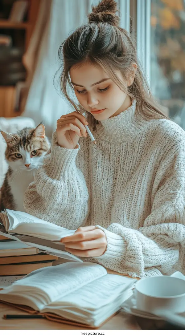 Young Woman Reading Books in a Cozy Atmosphere