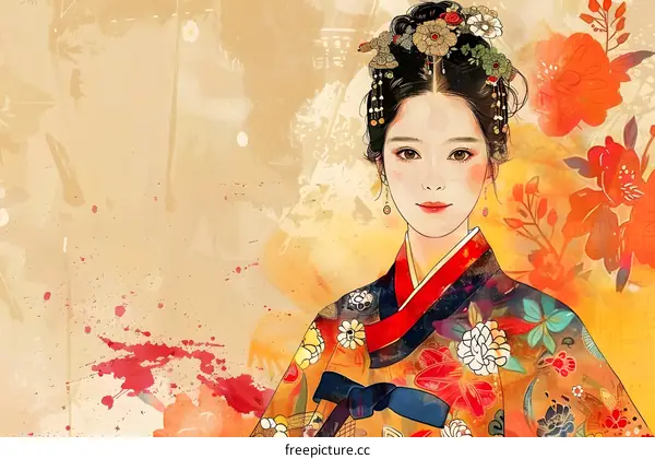 Beautiful Asian Woman in Traditional Korean Hanbok Dress with Flower Pattern