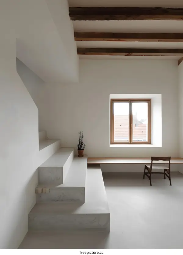Modern Minimalist Interior Design with Concrete Steps, Wooden Beam Ceiling, and Large Window