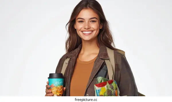 Smiling Woman with Coffee Cup and Bag