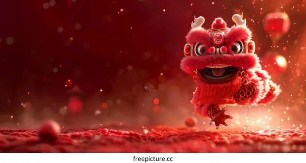 A cute cartoon lion dancing on a red background with red firecrackers.