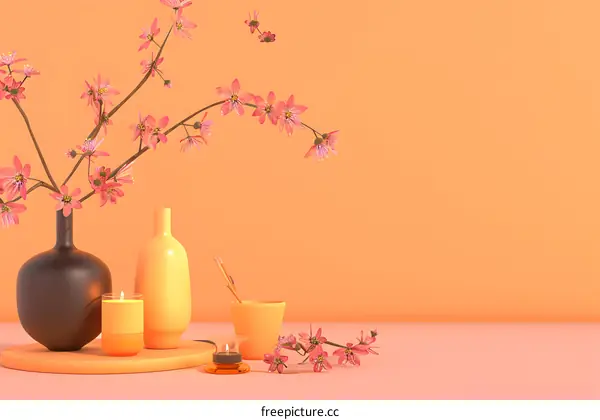 Pink Flowers in Vase with Candles on Tray Against Orange Background