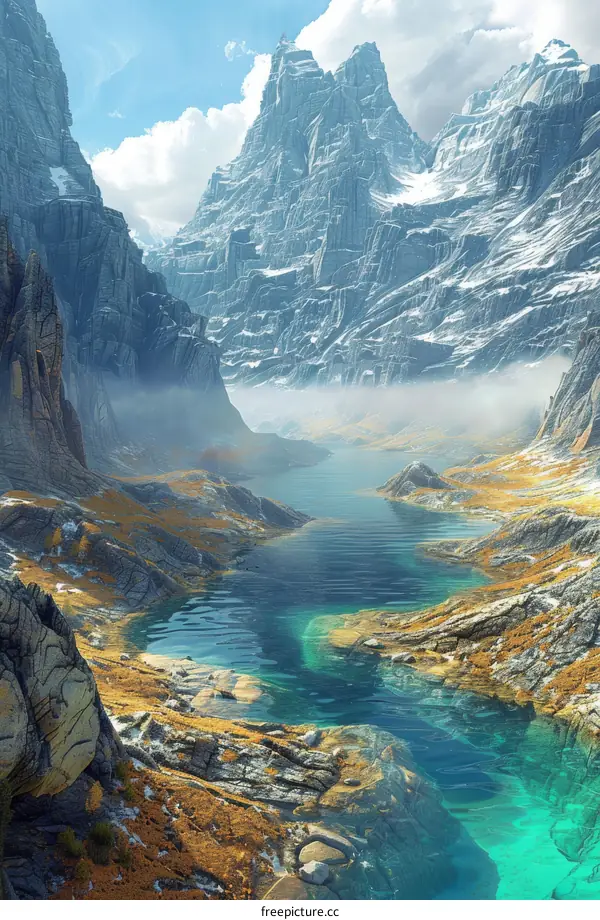 Fantasy mountain lake landscape with snow